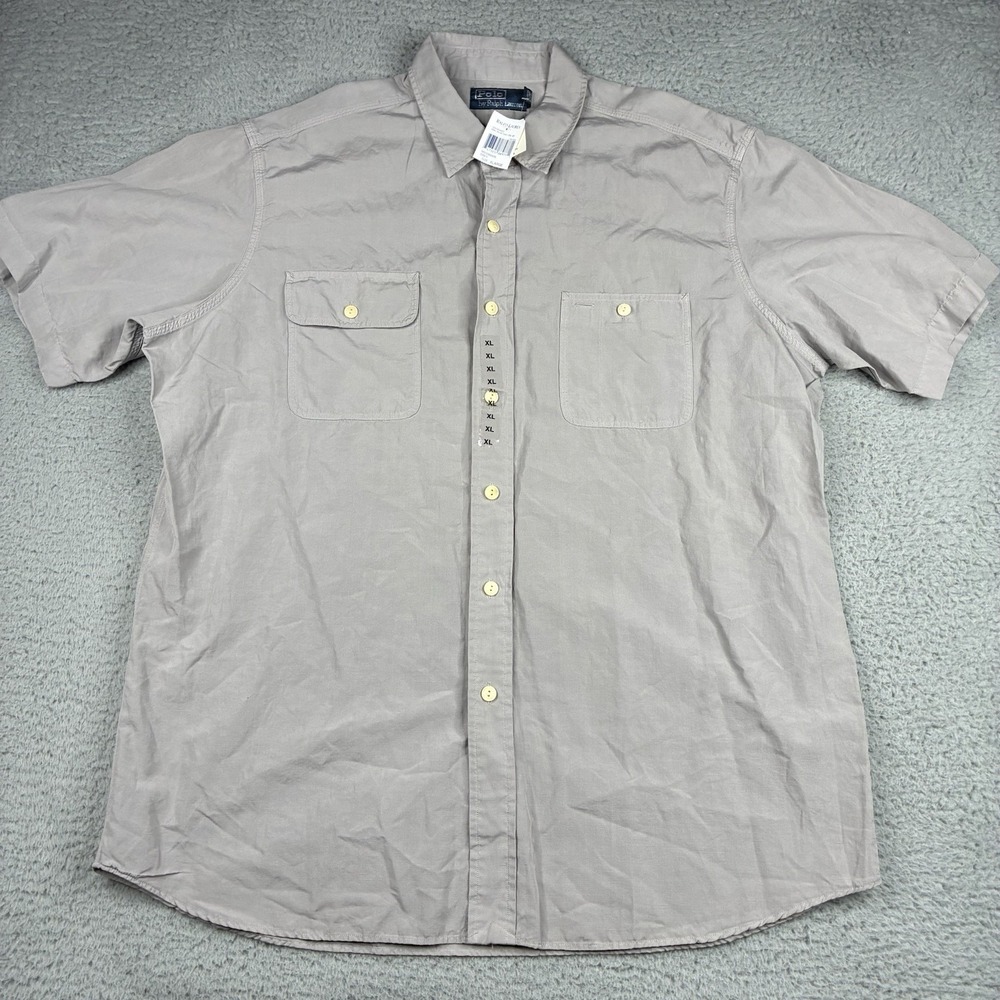 Polo Ralph Lauren Shirt Men's XL Gray Ripstop Cotton Short Sleeve Button Up NWT